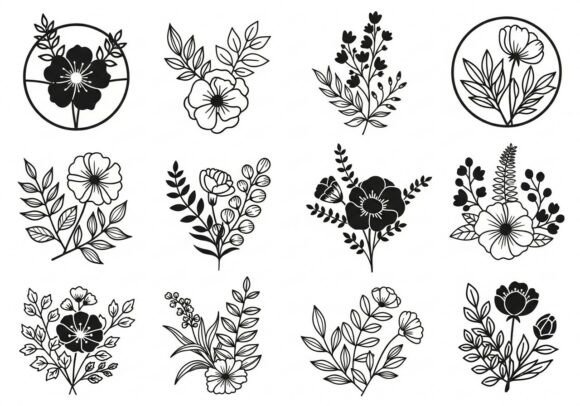 Black and White Floral Flowers Leaves Vector Bundle