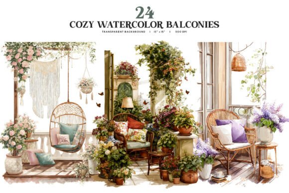 Transforming Digital Spaces with the Cozy Watercolor Balcony PNG Collection