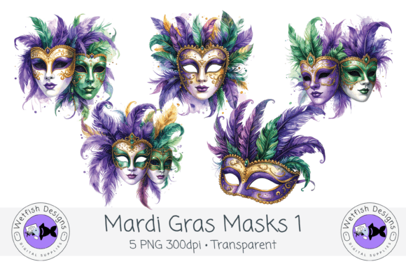 Watercolor PNG Mardi Gras Masks 1: Elevating Festive Design with Artistic Depth