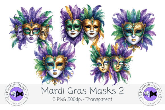 Watercolor PNG Mardi Gras Masks 2: Elevating Your Festive Designs with Precision